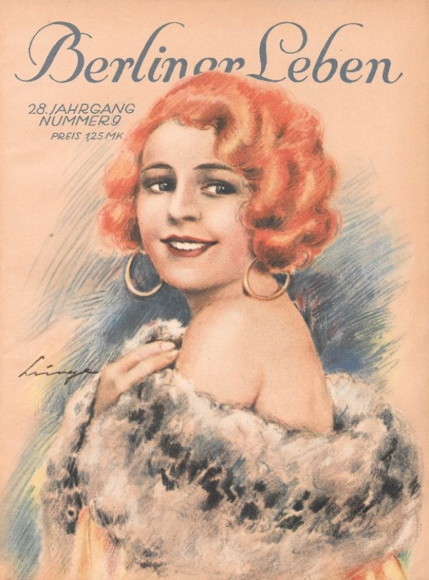 Frau mit roter Haarpracht in einem Pelzmantel auf dem Cover einer Berliner Leben-Zeitschrift im Stil der 1950er Jahre mit fetter schwarzer Schrift, die 'Berliner Lebens.' lautet