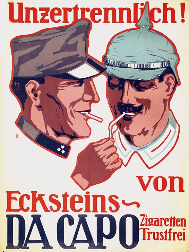 Deutsches Propagandaplakat mit zwei Männern in Mützen und Zigarettenrauch, darunter Text.