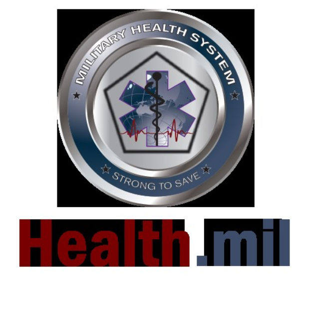 Blauer Kreis mit einem weißen Stern in der Mitte, weißer Rahmen und fetter schwarzer Schrift, die 'Health.mil' lautet, was auf ein Logo des Militärgesundheitssystems hinweist.
