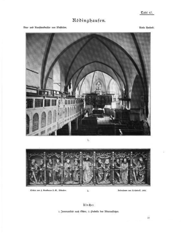 Ein Schwarz-Weiß-Foto des Inneren einer Kirche, das unten zwei Bilder von Menschen zeigt, links Geländer und Treppen sowie rechts einen Tisch mit Gegenständen und oben und unten auf beiden Bildern Text mit der Aufschrift "Rödinghausen, Kirche des Heiligen Grabes".