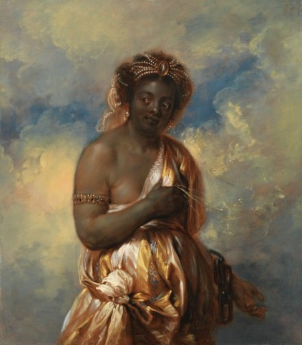 Gemälde von Jean-Honoré Fragonard einer Frau in einem goldenen Kleid mit detaillierten Verzierungen, ihre Haare zu einem Knoten gebunden, vor einem bewölkten Himmel, in Holz gerahmt.