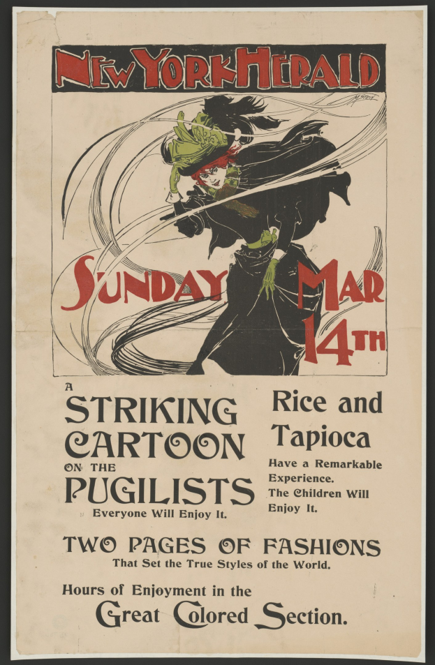Plakat für die New York Herald Tribune am Sonntag, den 14. März, mit einer Karikatur einer Frau mit menschlichem Gesicht und Text zur Beschreibung des Ereignisses.