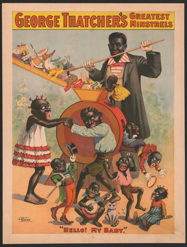 Ein gerahmtes Poster von George Thatchers Greatest Minstrels, das eine Gruppe von Kindern zeigt, die verschiedene Musikinstrumente spielen.