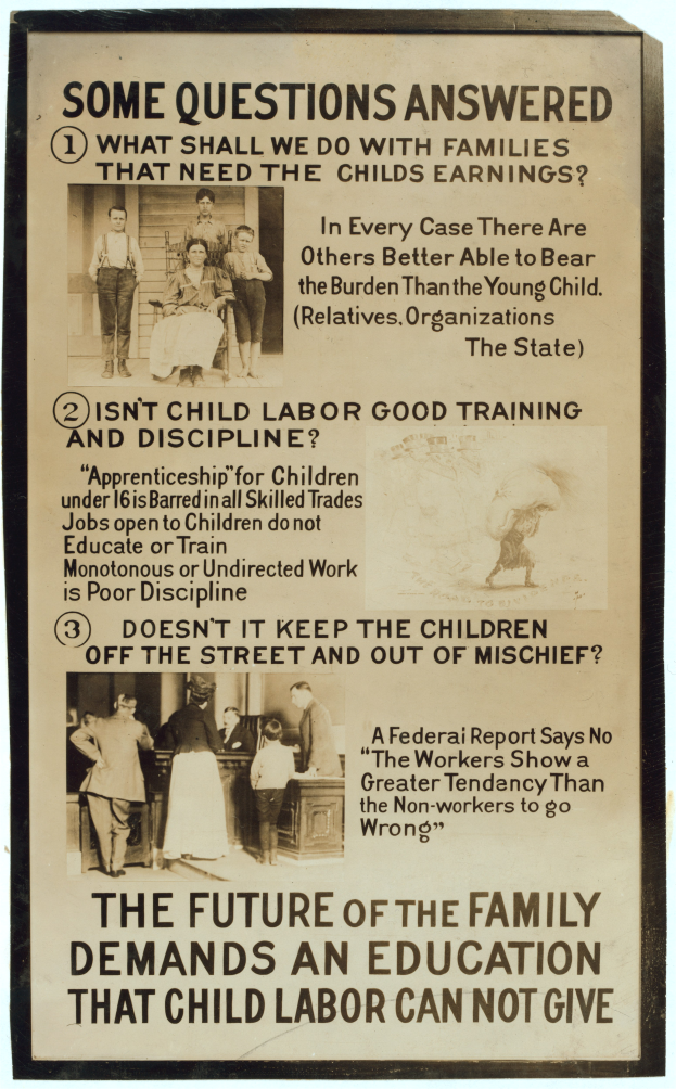 Ein Plakat mit einem hellgelben Hintergrund zeigt eine Gruppe von Menschen verschiedenen Alters, Geschlechts und Ethnien, die im Kreis stehen, mit der Aufschrift "Die Zukunft der Familie erfordert eine Bildung, die Kinderarbeit nicht geben kann."