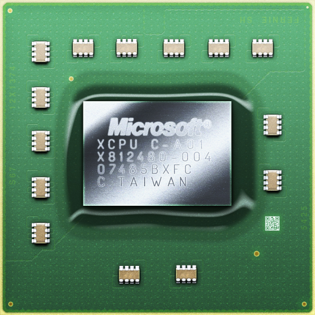 Ein Close-up eines grünen und cremefarbenen Mikroprozessor-Chips auf einem gelben Hintergrund mit dem Wort "Microsoft" darauf.