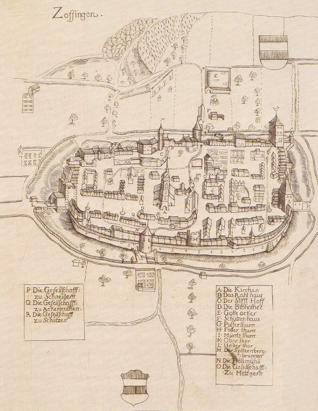 Ein detailliertes altes Stadtplan von Zoffingen, Deutschland, der die Stadtanlage mit Straßen, Gebäuden, Bäumen und begleitendem Text zeigt, der Informationen über die Stadt bereitstellt.