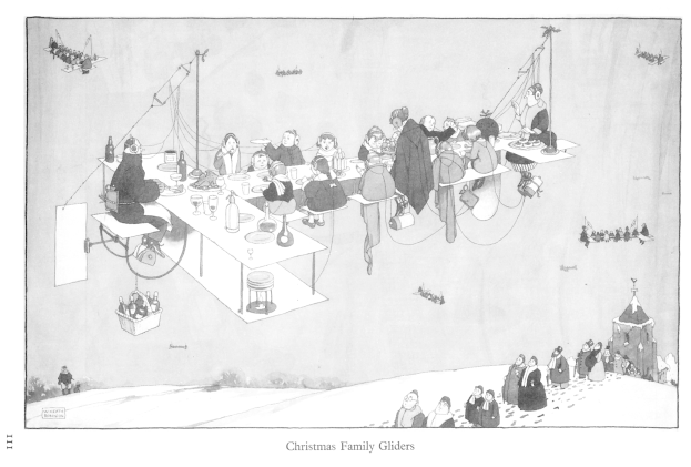 Eine Gruppe von Menschen sitzt um einen Tisch im Schnee, mit Flaschen, Gläsern, Tellern und anderen Gegenständen auf dem Tisch, Vögel fliegen im Hintergrund, ein Gebäude auf der rechten Seite und ein Text unten mit der Aufschrift "Weihnachtsfamilienflieger".