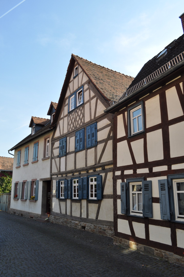 Halbfertighäuser mit Fenstern säumen eine Kopfsteinpflasterstraße in Colmar, Elsass, Frankreich unter einem klaren blauen Himmel mit Bäumen im Hintergrund.