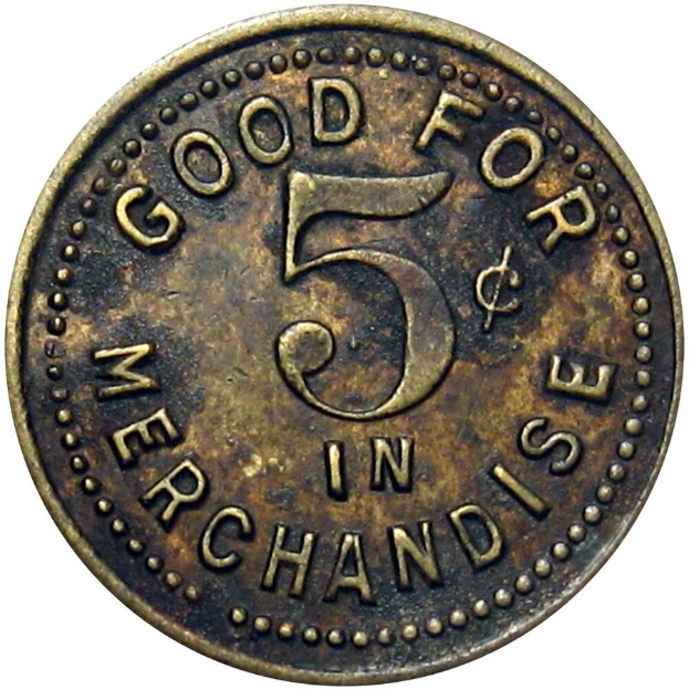 Eine Münze mit der Aufschrift "Gültig für 5 und in Merchandise" vor einem weißen Hintergrund.