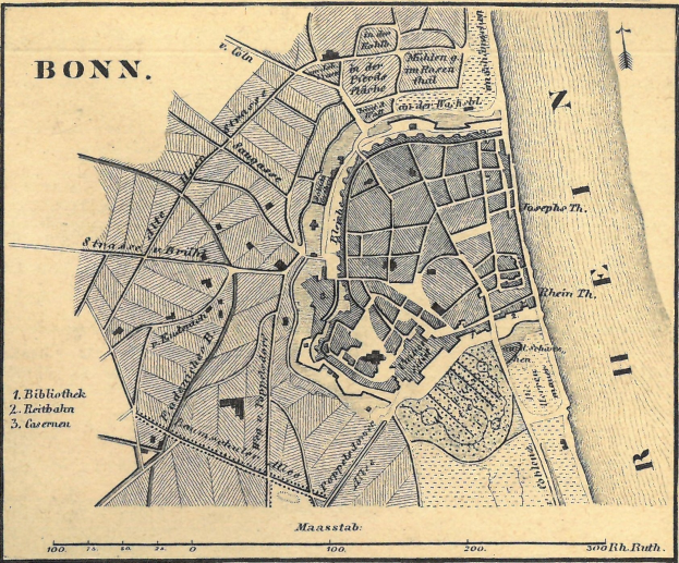 Detailiertes altes Stadtplan von Bonn, Deutschland, mit Stra├čen, Geb├Ąuden und Landmarken mit Text.