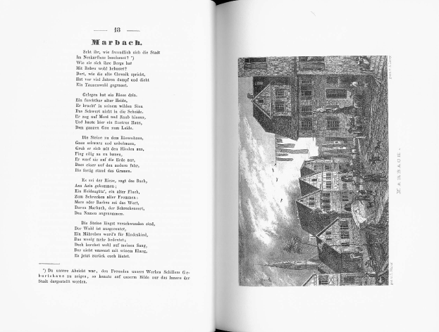 Ein aufgeschlagenes Buch mit dem Titel "Geschichte Deutschlands" zeigt eine Schwarz-Weiß-Illustration einer Stadtlandschaft mit Gebäuden, Menschen und Himmel, begleitet von Text.