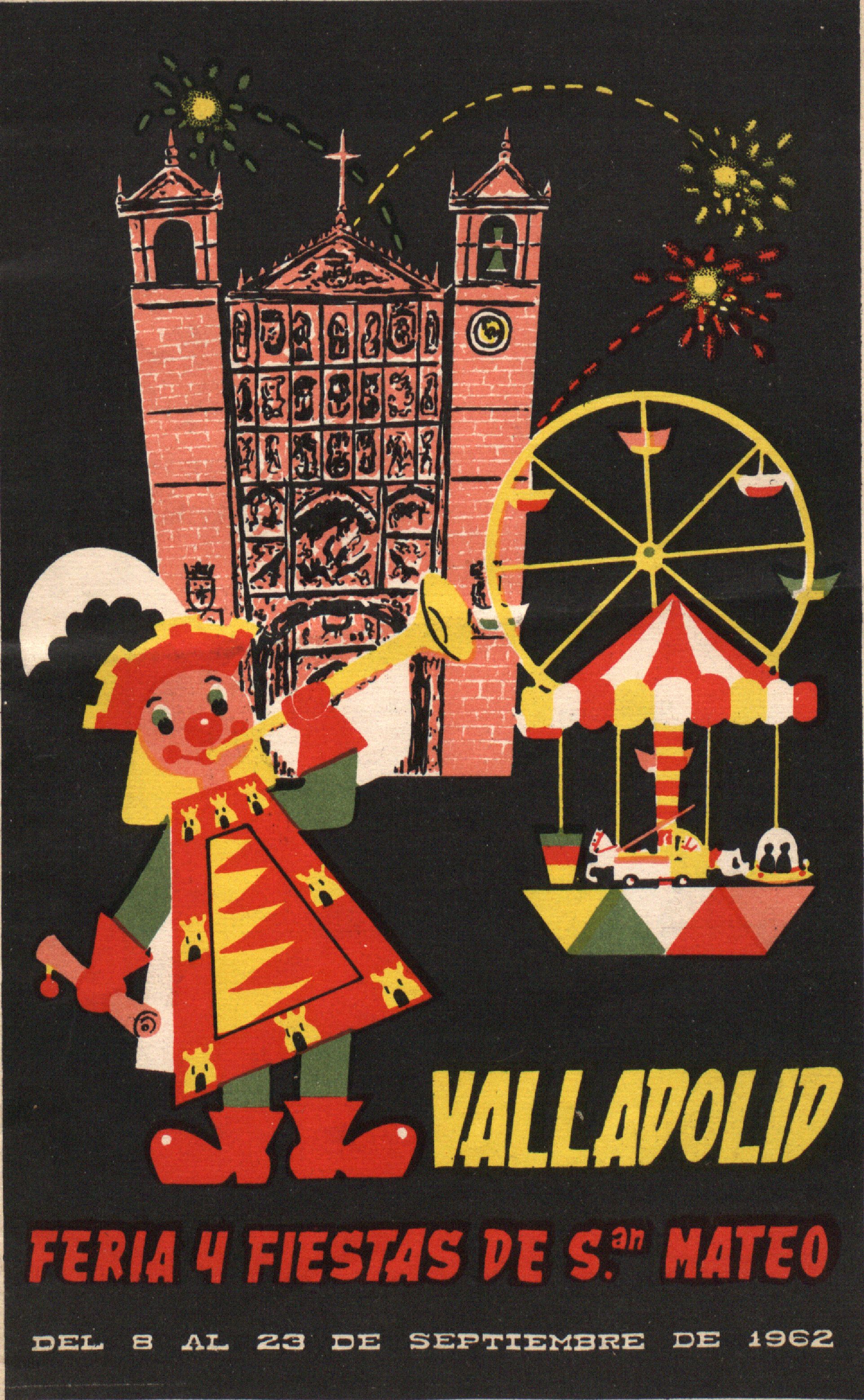 Ein buntes Faschingsplakat mit einem Gebäude, einem Riesenrad, einem Spielzeug und Text, das eine Faschingsveranstaltung in Valladolid, Spanien, ankündigt.