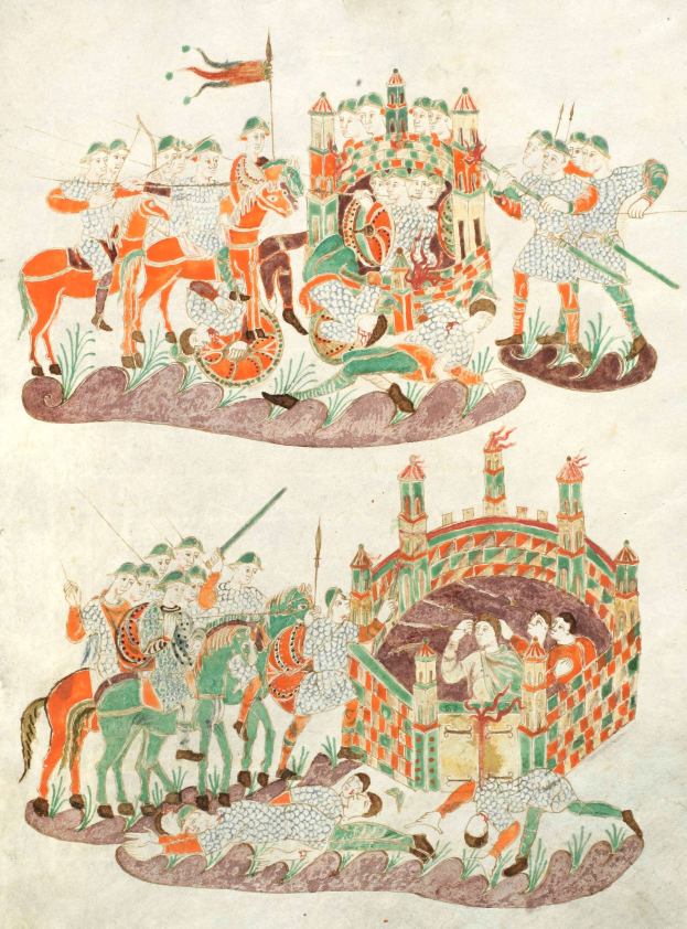 Mittelalterliche Handschriftenseite, die eine Schlachtenszene mit gepanzerten Reitern, die Schwerter und Schilde schwingen, Bogenschützen und eine Burg im Hintergrund zeigt.