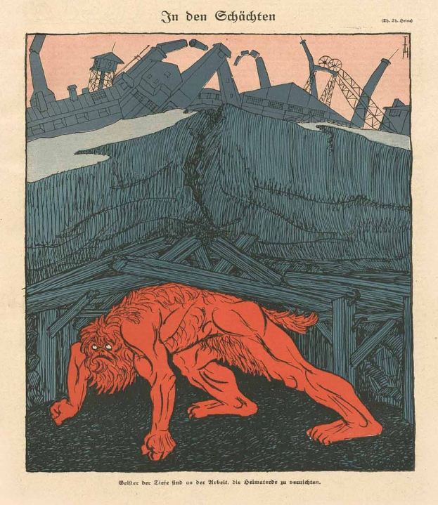 Illustration eines bedrohlichen Werwolfs mit ausgestreckten Krallen und offenem Mund vor einer rauchenden Fabrik unter einem tiefblauen Himmel, mit einem auffälligen Plakat im Hintergrund, das den Werwolf zeigt.