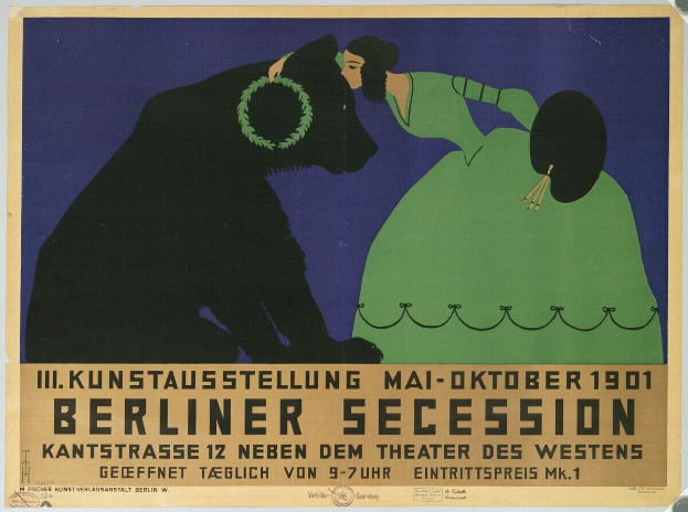 Ein Plakat der Berliner Secession mit einer Frau in einem grünen Kleid und einem Mann in einem schwarzen Anzug, mit Textbeschreibung des Ereignisses.